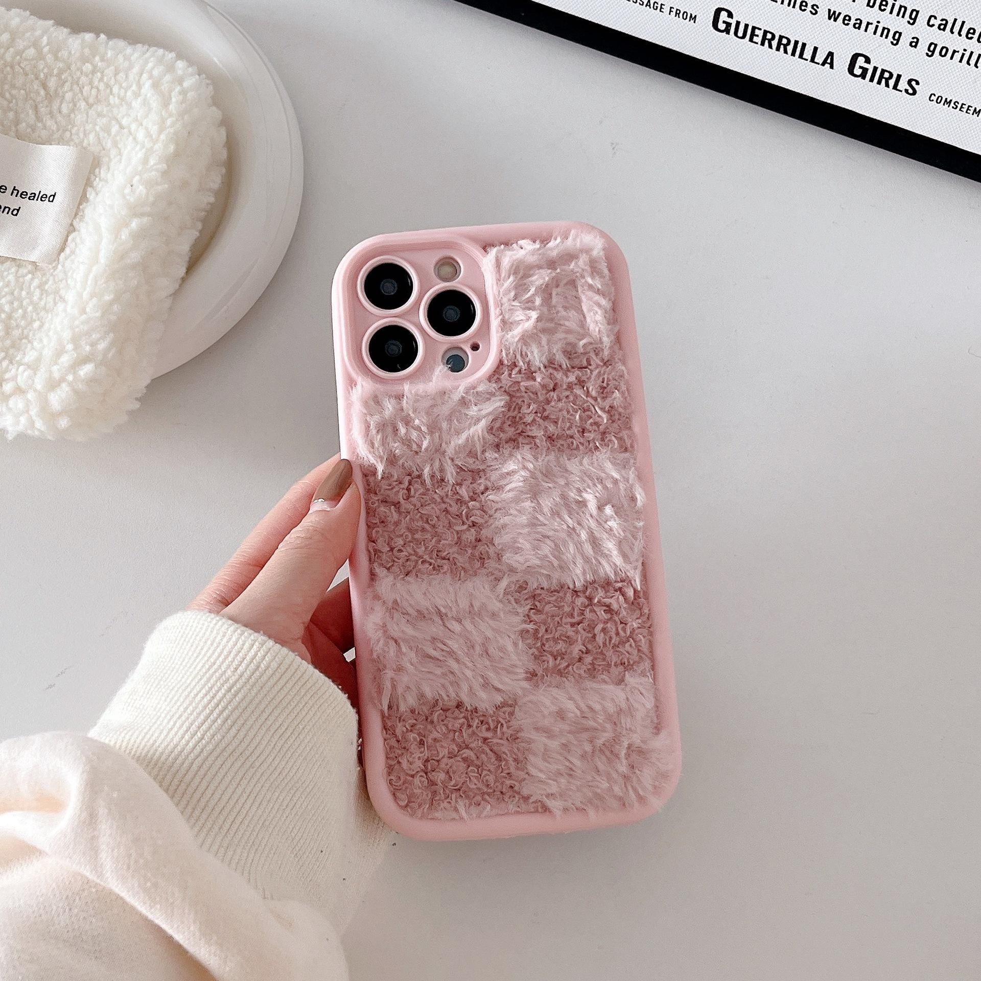 

For iPhone 15 Pro Case Plush Patchwork Grid Shockproof TPU Phone Cover White