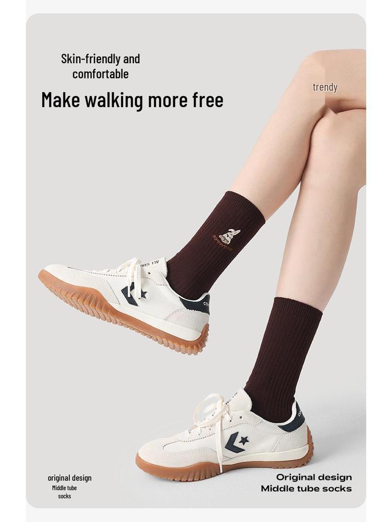 Renaissance Women's College Style Mid-Calf Socks, Solid Color with Panda Embroidery, Thin and Breathable for Spring and Autumn