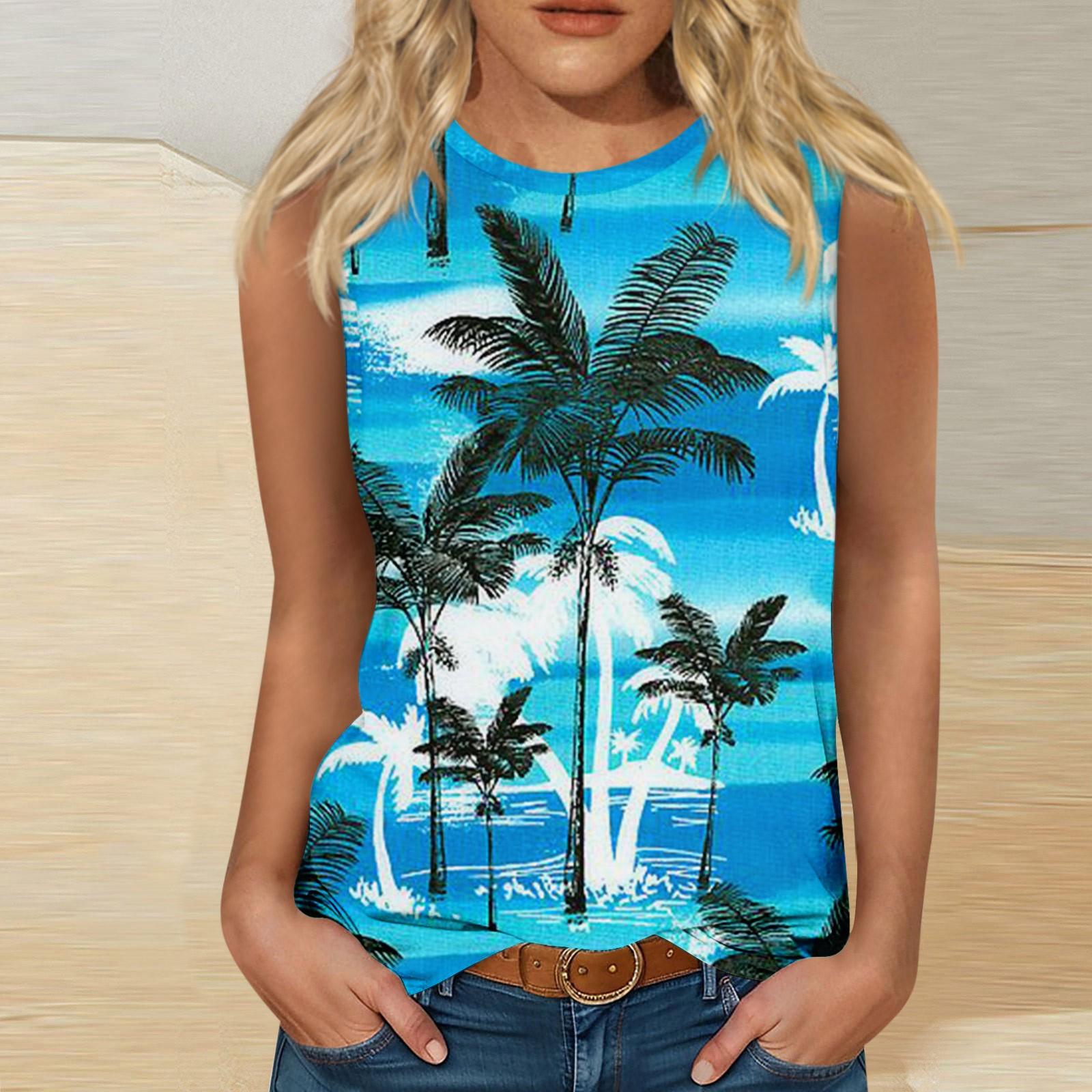 

Женская мода, повседневная футболка без рукавов с гавайским принтом и круглым вырезом, топ M синий