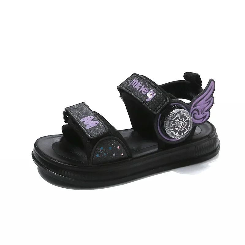 Children Open Toes Shoes with Rotating Button Sweet Wings 2025 Summer New Kids Beach Shoes Soft Sole Sandals Non-slip Trendy