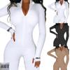 Workout Active Wear gerippter Strampler für Damen, sportlicher Langarm-Fitness-Overall mit Stickerei, Buchstabendruck und Reißverschluss