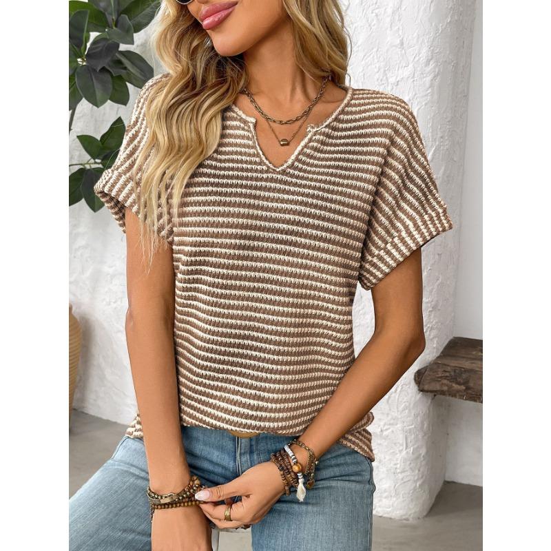 Summer New Women's V-neck Short-sleeved Loose Striped Casual Pullover T-shirt