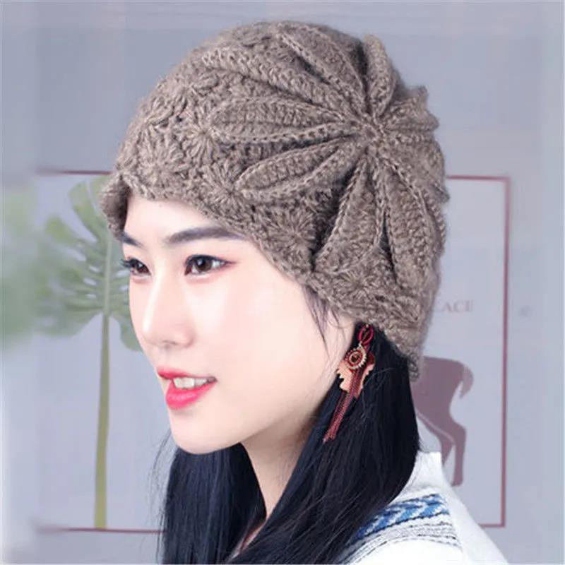 Pălării tricotate manual pentru femei, la modă Pălării din lână brodate, groase, calde, de iarnă