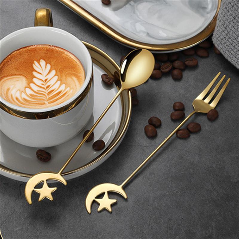 Star Moon Spoon Fork Stainless Steel Small Spoon Fashion Aternoon Tea Tableware Fruit Dessert Forks Coffee Tea Mixing Spoons
