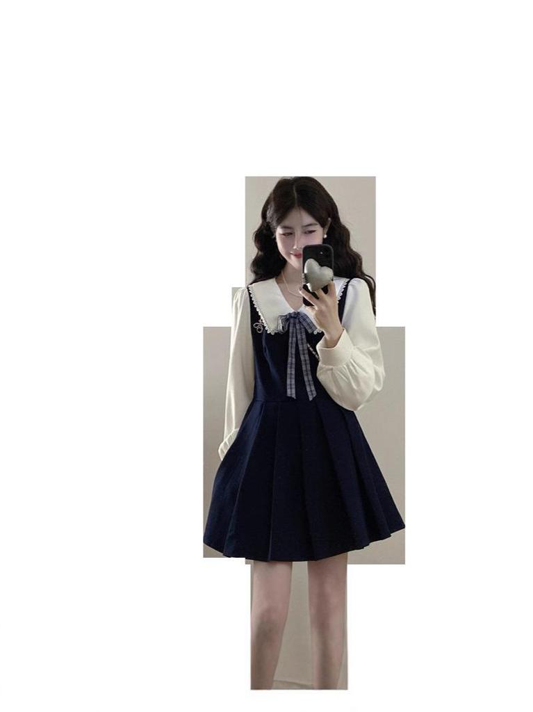 Plus Size Pleated Princess Dress with Doll Collar - College Style, Autumn/Winter Waist-Cinching Design