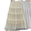2025 Spring/Summer Women's Lace & Tulle Tiered Midi Skirt with Elastic Waist