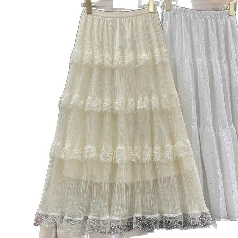 2025 Spring/Summer Women's Lace & Tulle Tiered Midi Skirt with Elastic Waist