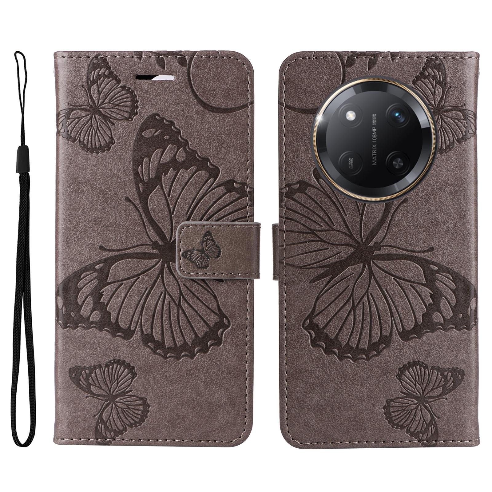 

For Honor X60 Pro 5G/Magic7 Lite 5G/X9c 5G Wallet Case Floral Butterfly Imprinted Leather Phone Cover Stand Grey