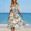 Women's Summer Fashion V-Neck Flared Dress Short Sleeve Floral Dresses