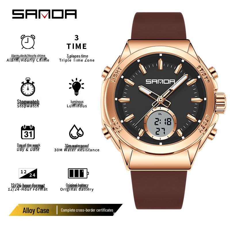 Orologio da donna Sanda Doppio Display: Multifunzionale, Luminoso, Impermeabile, alla Moda, Nuovo Modello con Sveglia e Timer per Studenti.