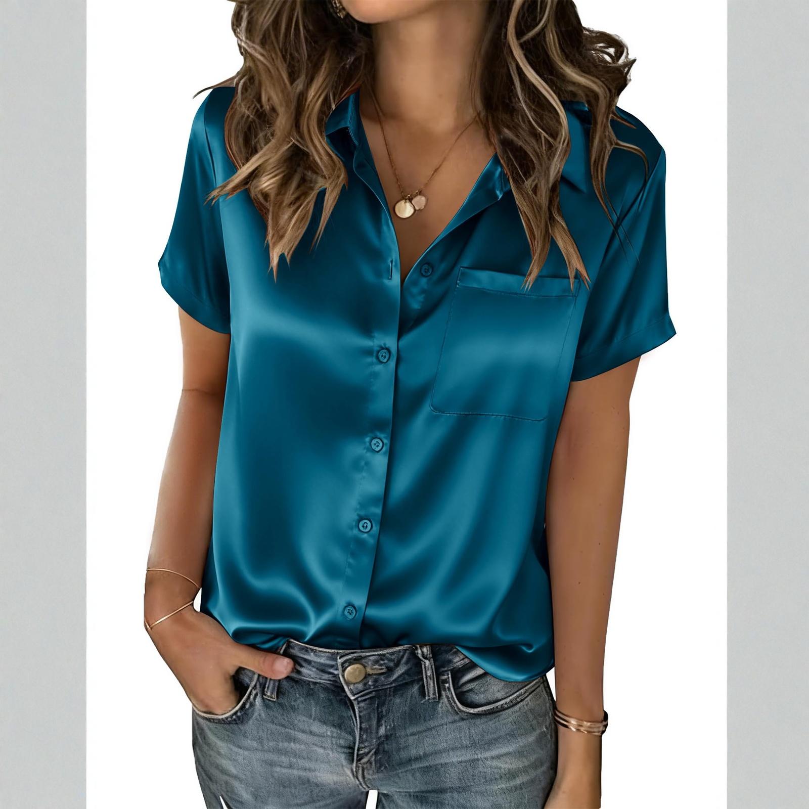 Satin Blouses For Women Silk Button Down Shirts Short Sleeve Business Casual Tops XXL