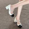 Summer Shoe Women's High Heels Shoes Women Mary Janes Pumps Square Toe Leather Sandals Black White Patchwork
