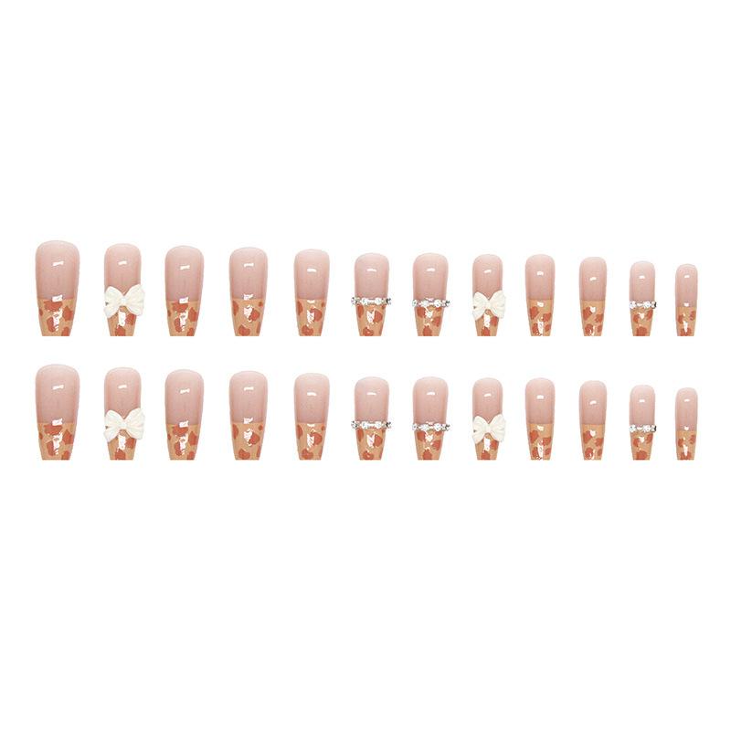 Artificial Nails Autumn and Winter Toffee Leopard Print Nail Art Half French Bow Wear Nail Medium Long Ballet Nails False Nails