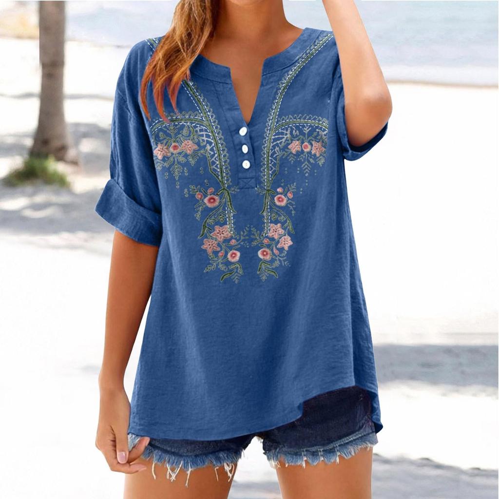 Haut T-shirt Décontracté Tendance pour Femme Coupe Ample Col en V Boutonné Brodé