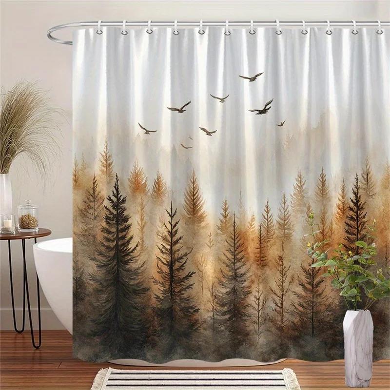 

1Pc Tranquil Misty Pine Forest With Flying Birds Shower Curtain - Golden Hues Nature-Inspired Bathroom Decor, 70.86X70.86 In, 12 W60H190(CM)-1 Pcs