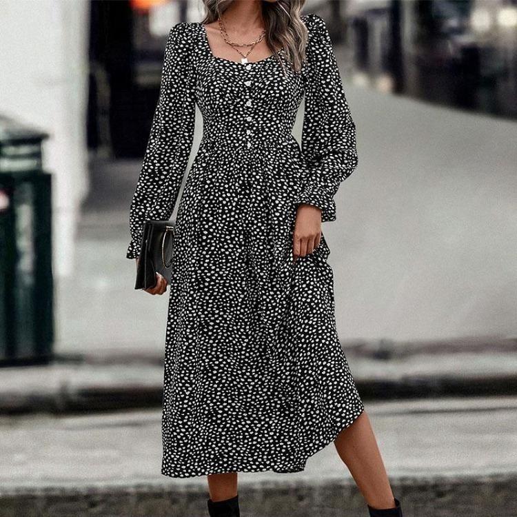 Women Casual Cotton Print A-Line Dress with Butterfly Sleeve Turn-Down Collar Mid-Calf Length Summer