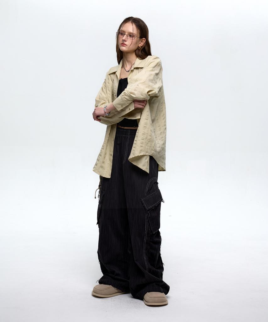 Aleseueseussi Wrinkle Mixed Stripe Cargo Pants - Black