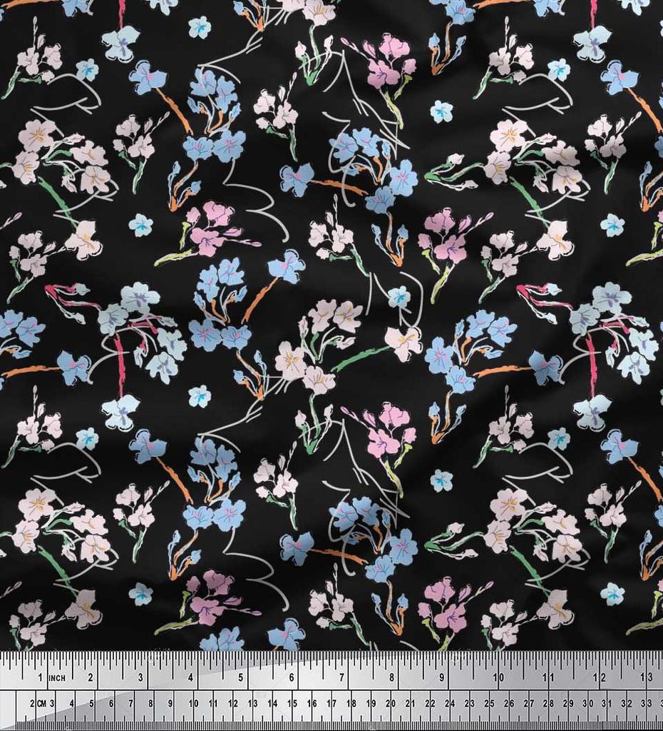 Soimoi Japan Crepe Satin Fabric Artistic Floral Print Fabric by metre 42 Inch