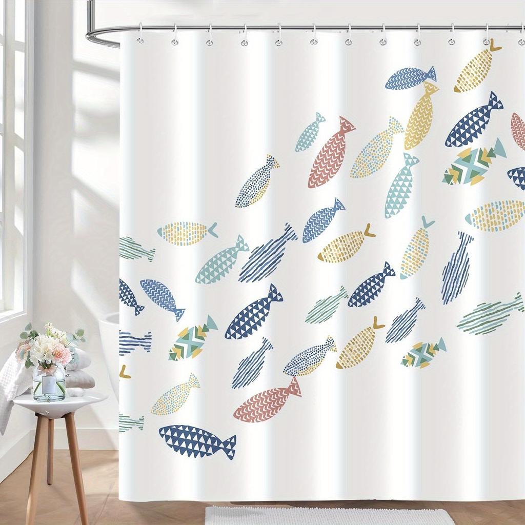 1pc Colorful Fish Shower Curtain, Ocean Swiming Fishes Cartoon White Minimalist Shower Curtains Decor for Bathroom Set
