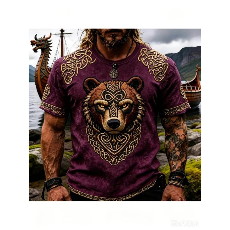 Retro street distressed men's T-shirt with Viking bear, Celtic knot, 3D printing, loose round-neck short sleeves