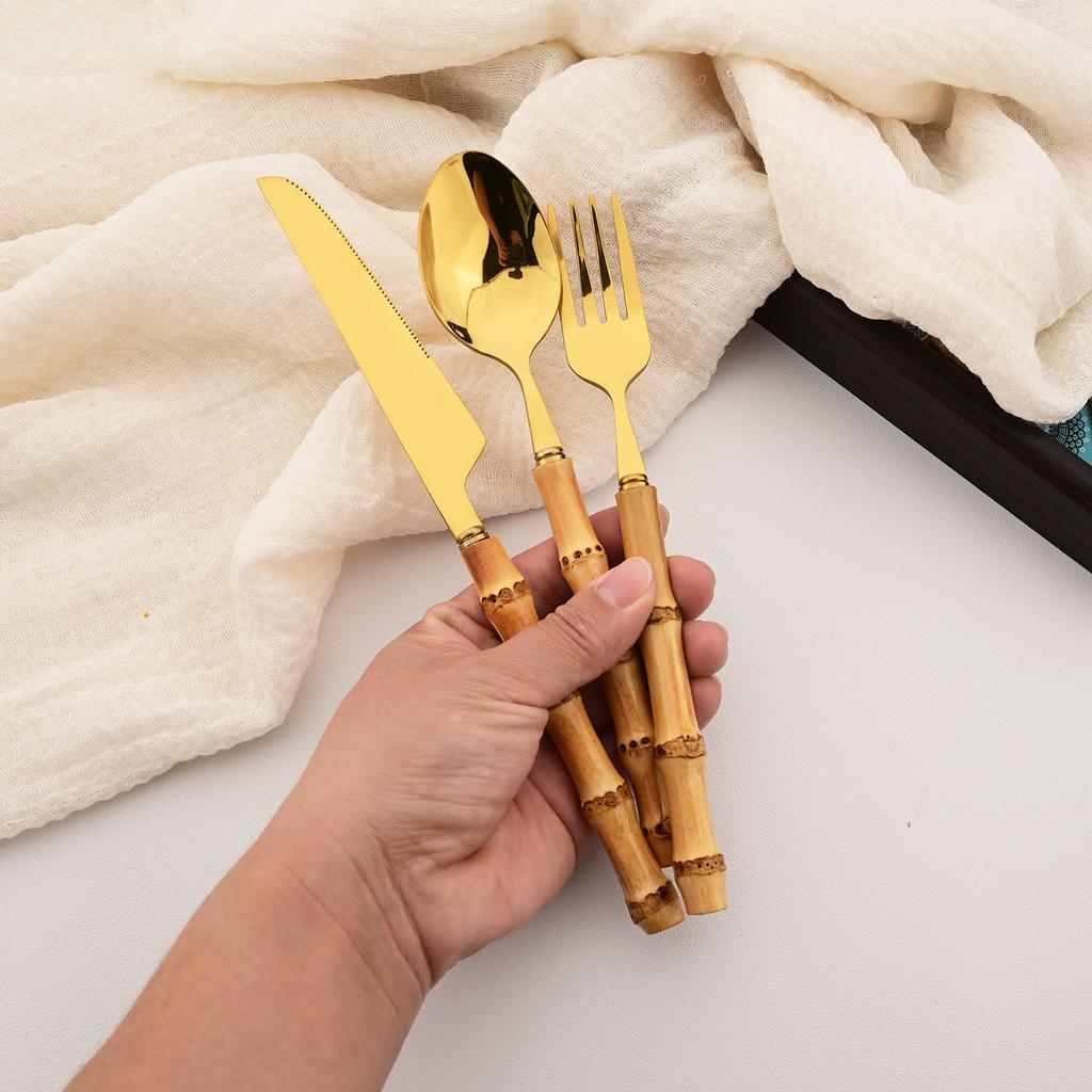 16-Piece Bamboo Handle Silverware Set Stainless Steel Flatware Set Include Spoons Forks Knives and Tea Forks, Cutlery Utensils Serves 4