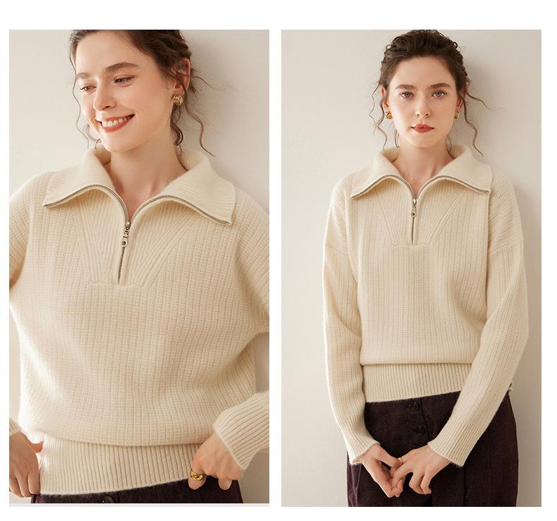 Women's High Neck Pure Cashmere Sweater, Half Zip, Loose Fit, Thickened Knit for Autumn/Winter Fashion.