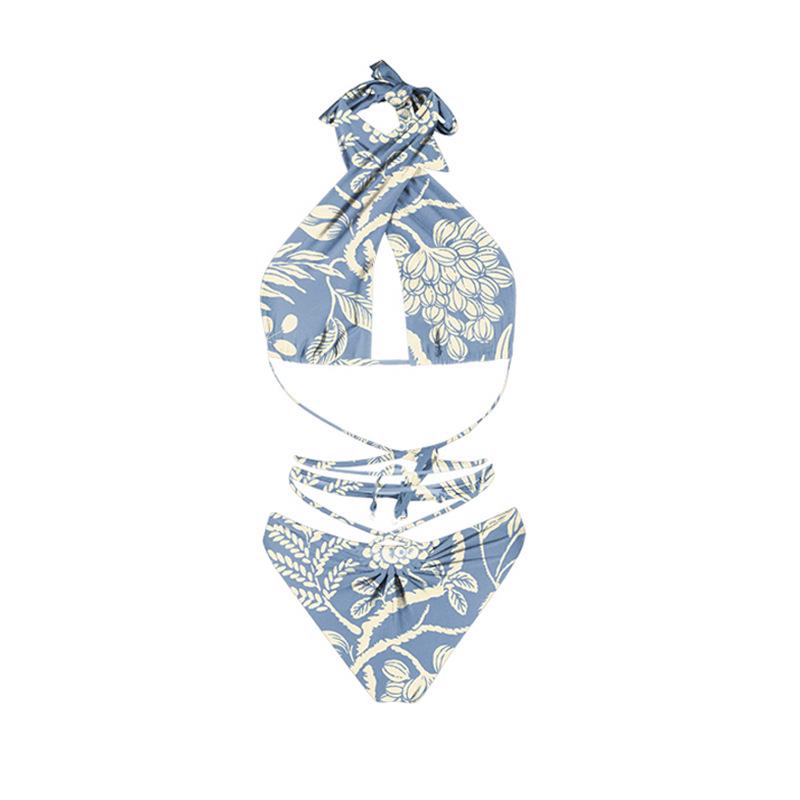 

Европейский и американский купальник бикини из двух частей с перекрестной завязкой халтер S светло-синий