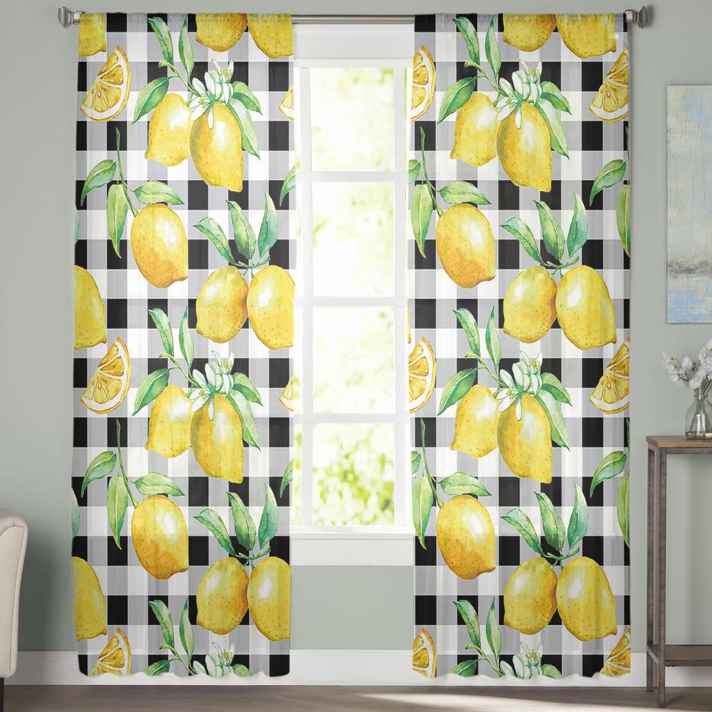 Watercolor Lemon Plaid Window Treatment Tulle Modern Sheer Curtains for Kitchen Living Room the Bedroom Curtains Decoration