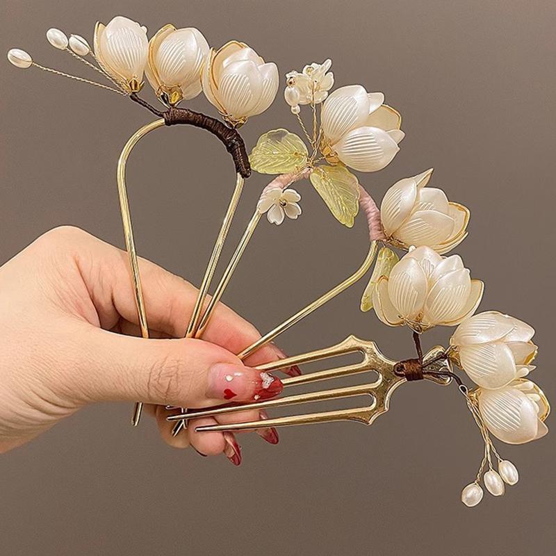 Elegant Pearl Flower U Shape Hair Sticks Hairpin Chinese Style Sweet Flowers Leaves Hair Stick for Women Girl Hair Fork Hanfu