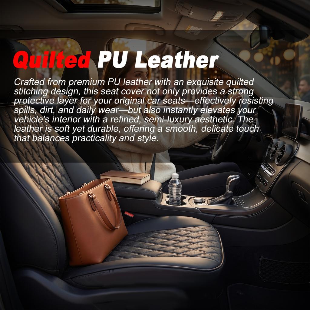 PU Leather Car Seat Cover, Anti Slip Front Seat Protector, Universal Fit Quilted Thick Cushion with Storage Pocket,