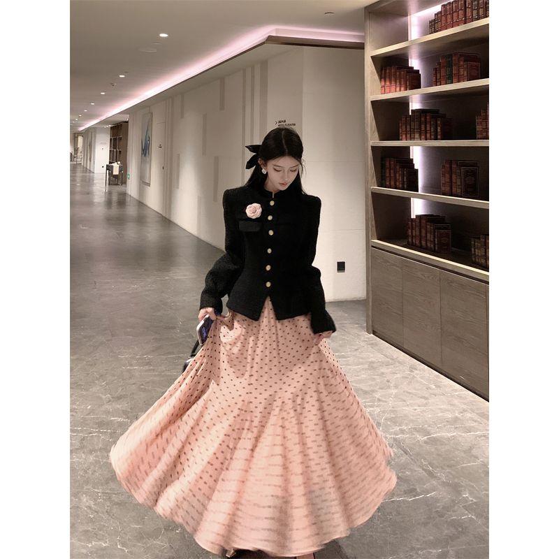 

Комплект в стиле Хепберн Кумикуми Черный Темперамент С длинным рукавом Верхняя одежда Женский Осень Горошек Все-сочетаемый Юбка Комплект из двух предметов Pink overskirt S