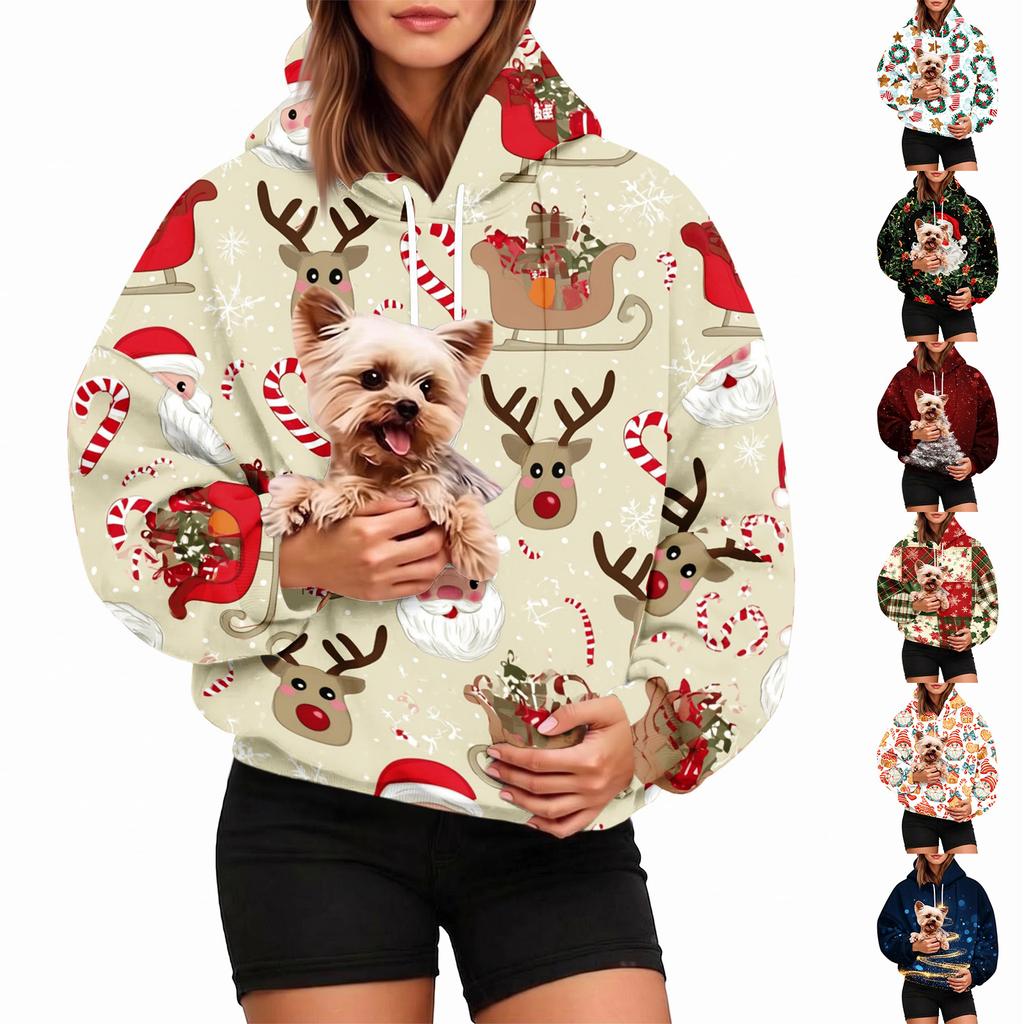 Damen Christmas Print Kapuzenpullover mit Haustier-Tasche Langarm Lässiger Pullover für die Feiertage