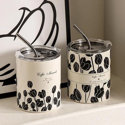 300ml Thermos Coffee Cup Double Layer Stainless Steel Tea Coffee Mug Tulip Thermal Cup For Girls Water Bottle Tumbler With Straw