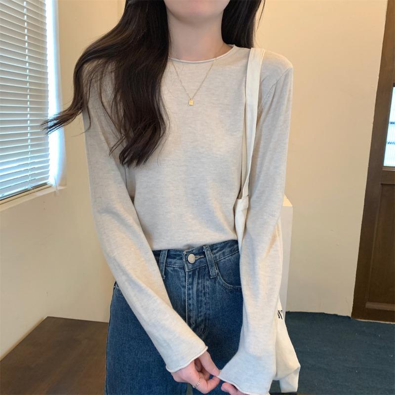 Lazy wind crimped knitted sweater women's early spring simple fashion long-sleeved inner top bottoming shirt