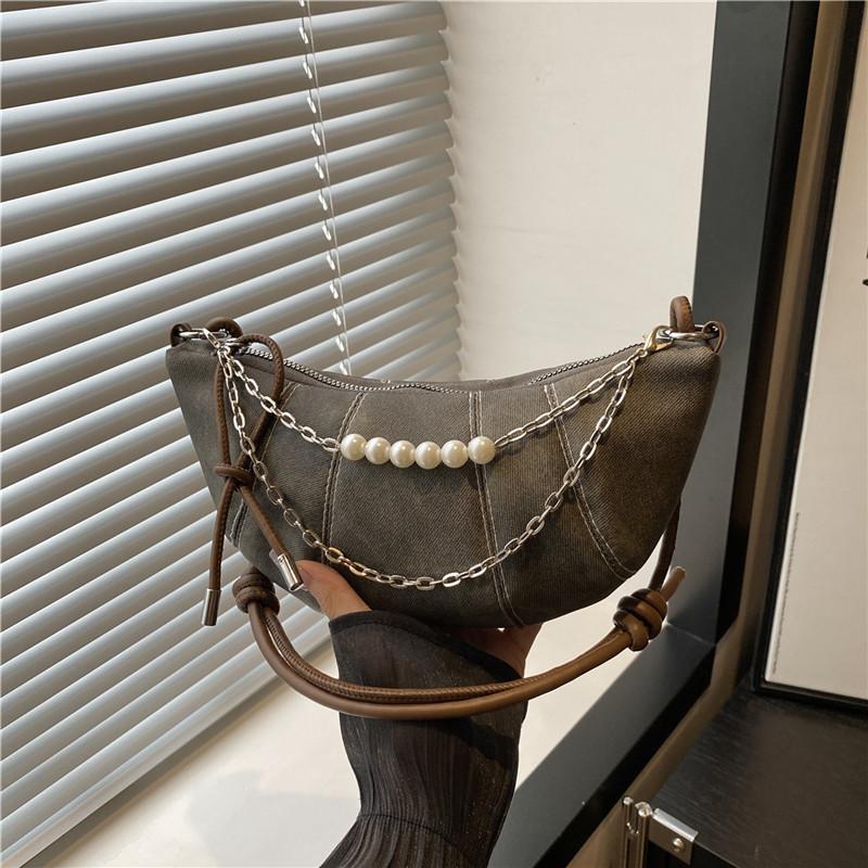Fashion Trend Pearl Chain Decorative Croissant Popular Solid Color Canvas Shoulder Crossbody Bag Women's Bag