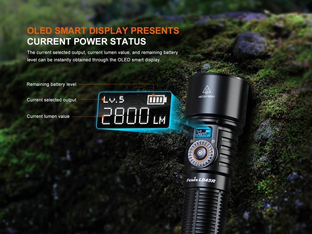 Fenix LD45R Rechargeable Electronic Focus Torch 2800 Lumens 480m Up to 65 Hours Advanced Electronic Focus System with Rotary Focus Control OLED