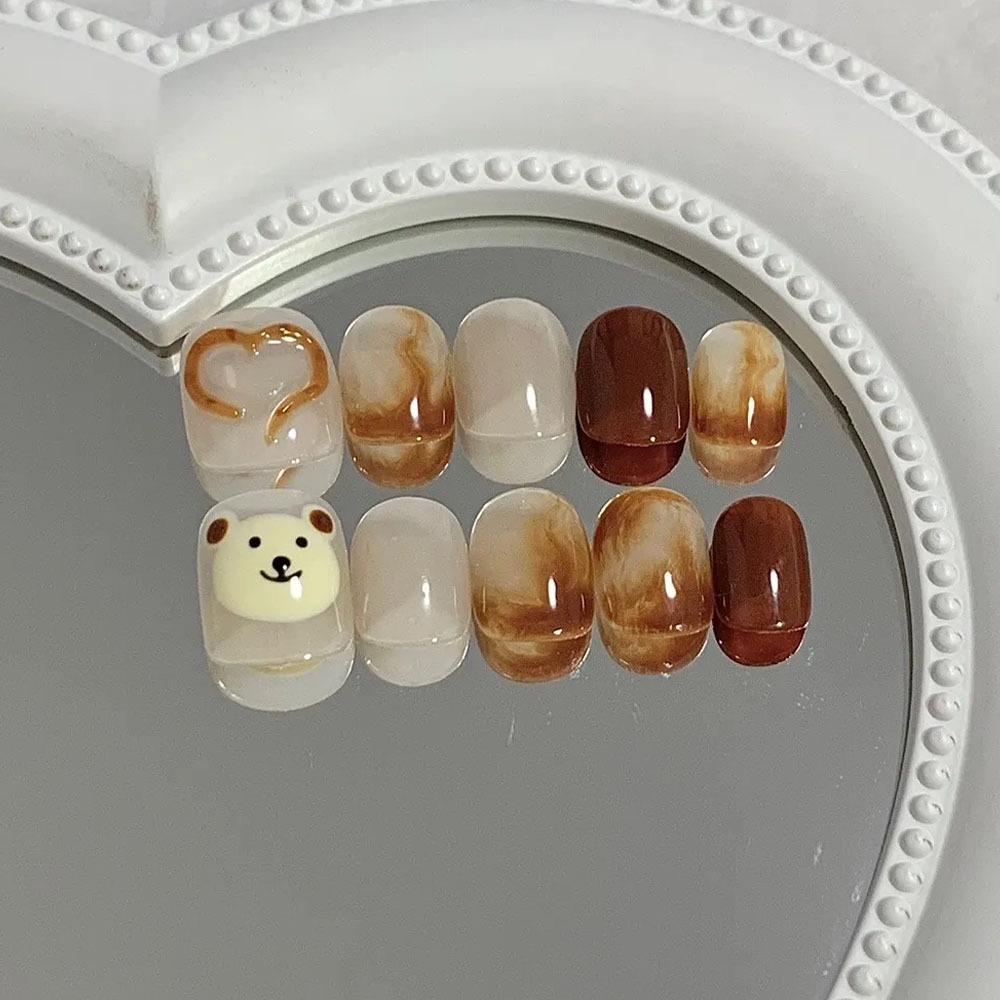Cartoon Brown Bear Heart Nail Stickers - Short Round Wearable Removable Nail Art for Girls