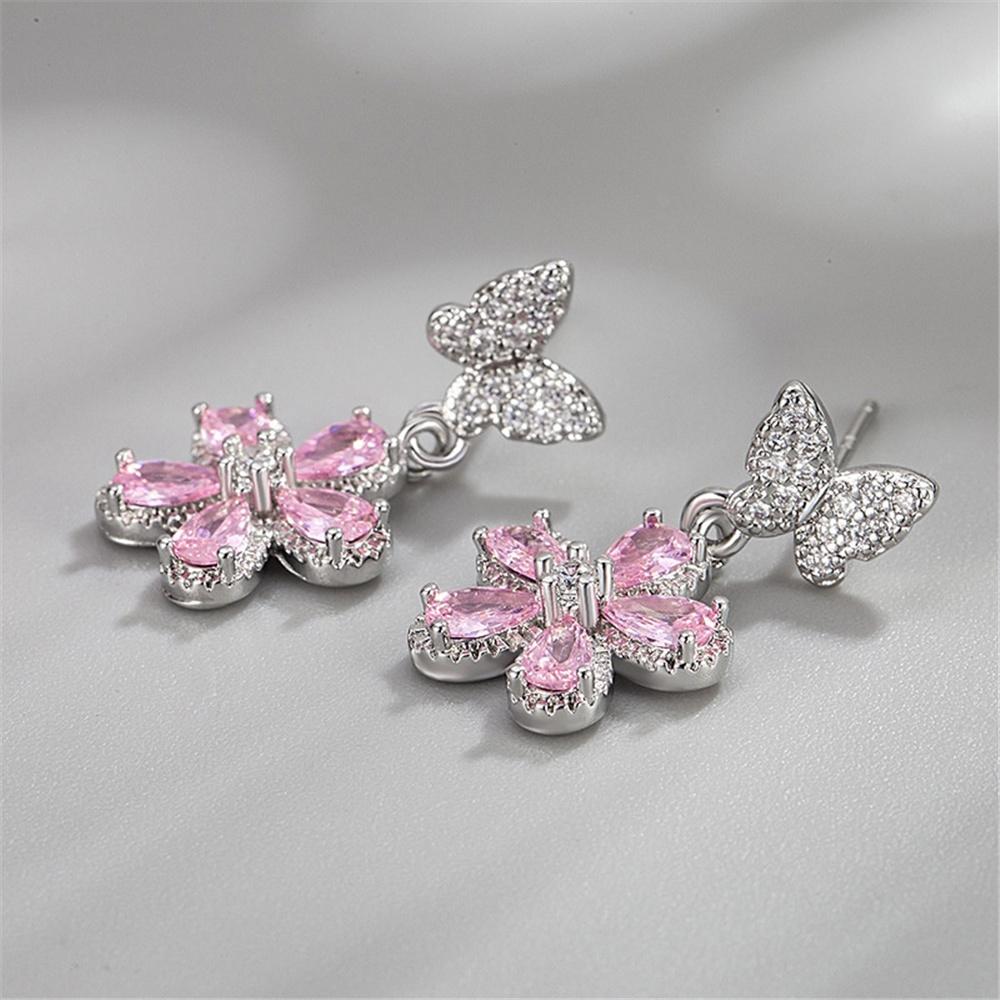 Cute Female Pink Zircon Stone Silver Color Stud Flower Earrings Lovely Bridal Wedding  For Women