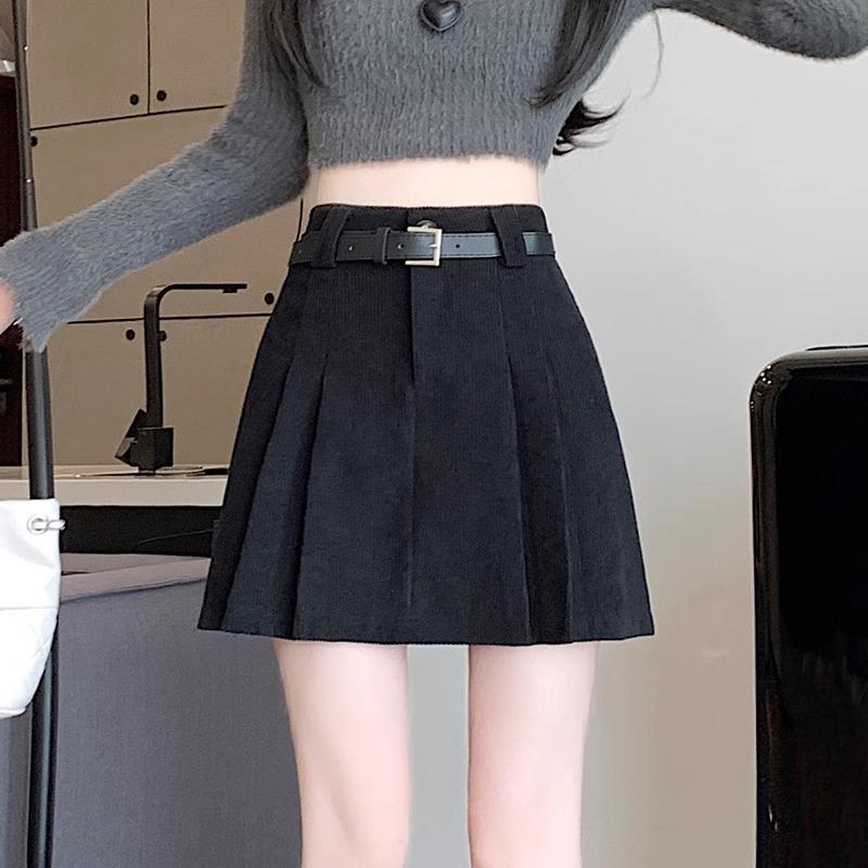 Women's High Waist Khaki Corduroy A-Line Mini Skirt - Petite Slimming Pleated Design for Autumn/Winter 2024