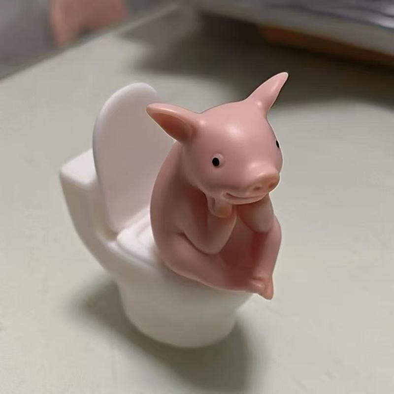 Cute Pig Bathroom Decor Statue PVC Material Toilet Sitting Shape 1PC Tabletop Wall Mount for Desktop Ornament