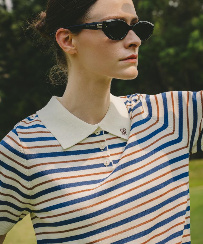OBER GOLF Cool Stripe Polo Knit Top (Light Beige)