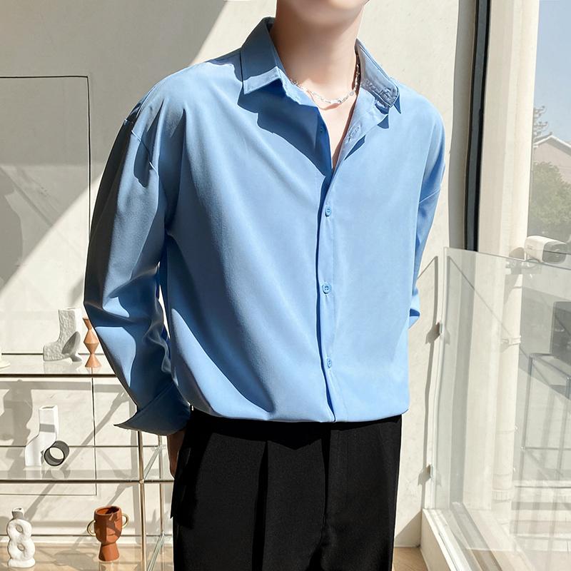 Autumn Men's Long Sleeve Shirts Fashion Korean Baggy No-iron Business Casual Elasticity Lapel Collar Shirt