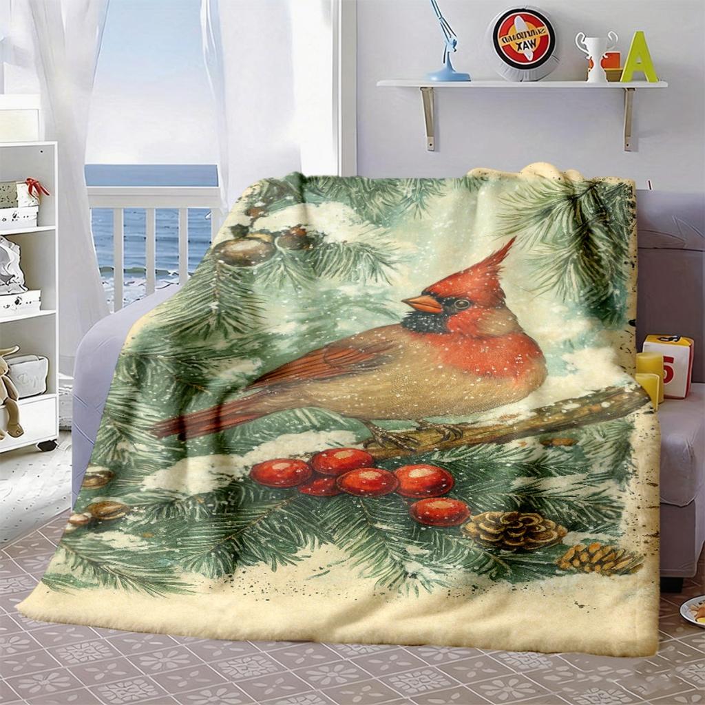 2026 New Arrivals 1pc North American Red Cardinal Winter Scene Flannel Throw Blanket - Soft Breathable All-Season Blanket for Home, Office, Camping &