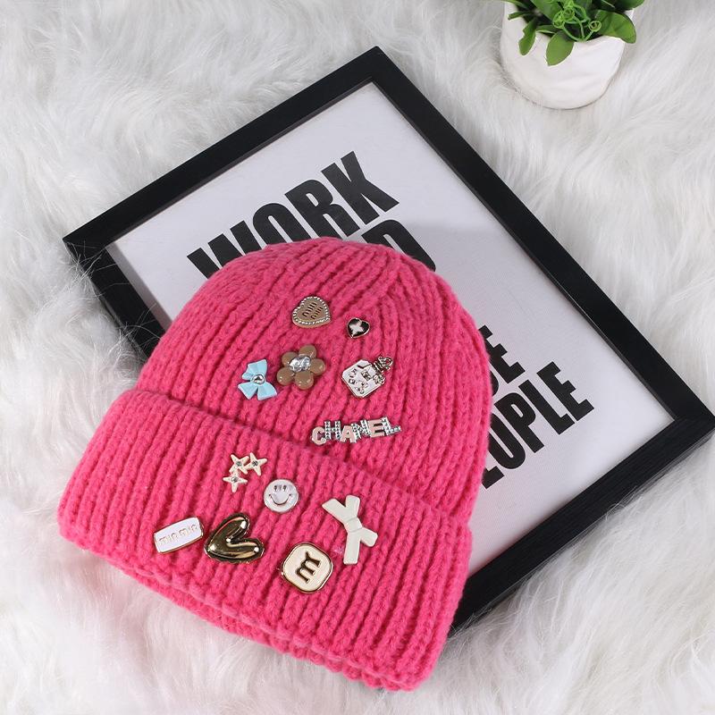 Korean version designer knitted hat children's sweet button face small wool hat autumn and winter bag head warm cold hat