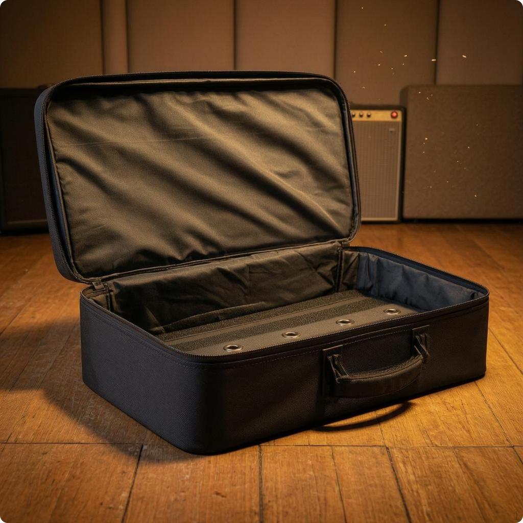 Guitar Pedal Board Carrying Case HookandLoop Strips Clamshell Cable PassThrough Holes for