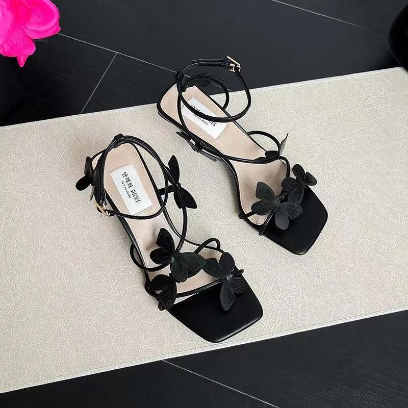 Summer Women's Butterfly High Heel Sandals Square Toe Buckle Casual  Shoes Elegant Stiletto Heel Ankle Strap Party
