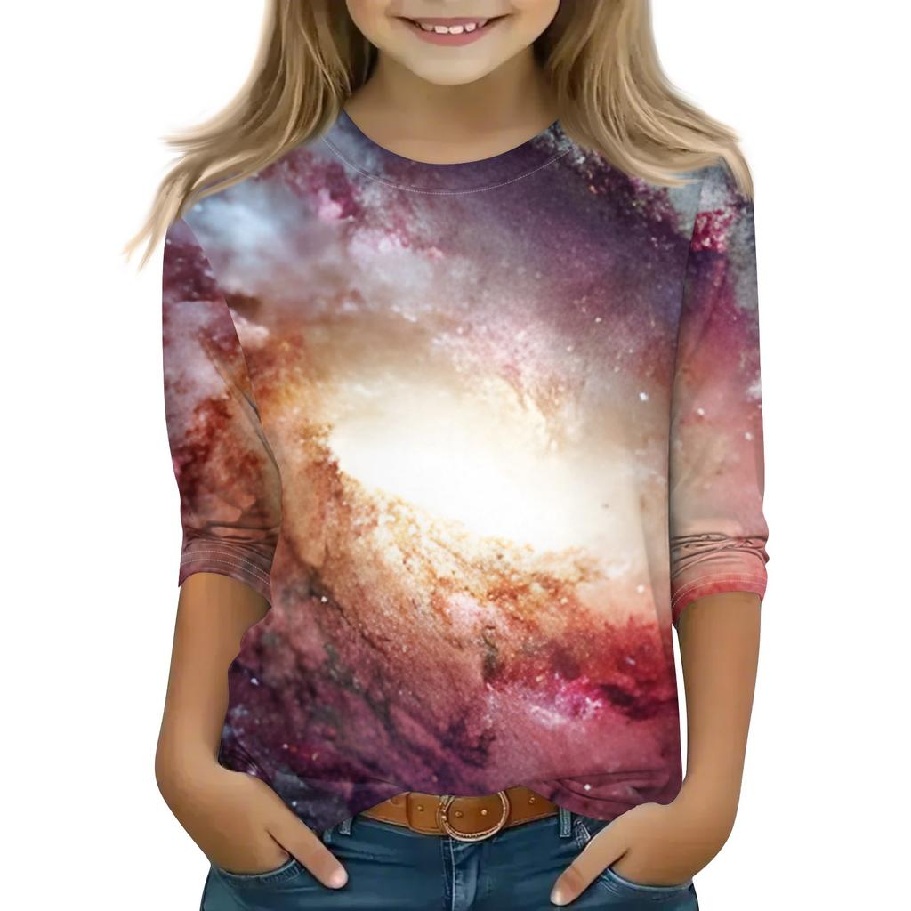 Koszulki z nadrukiem dla dziewczynek w wieku 5-16 lat, okrągły dekolt, rękawy 3/4, modne koszulki, stroje, koszulki