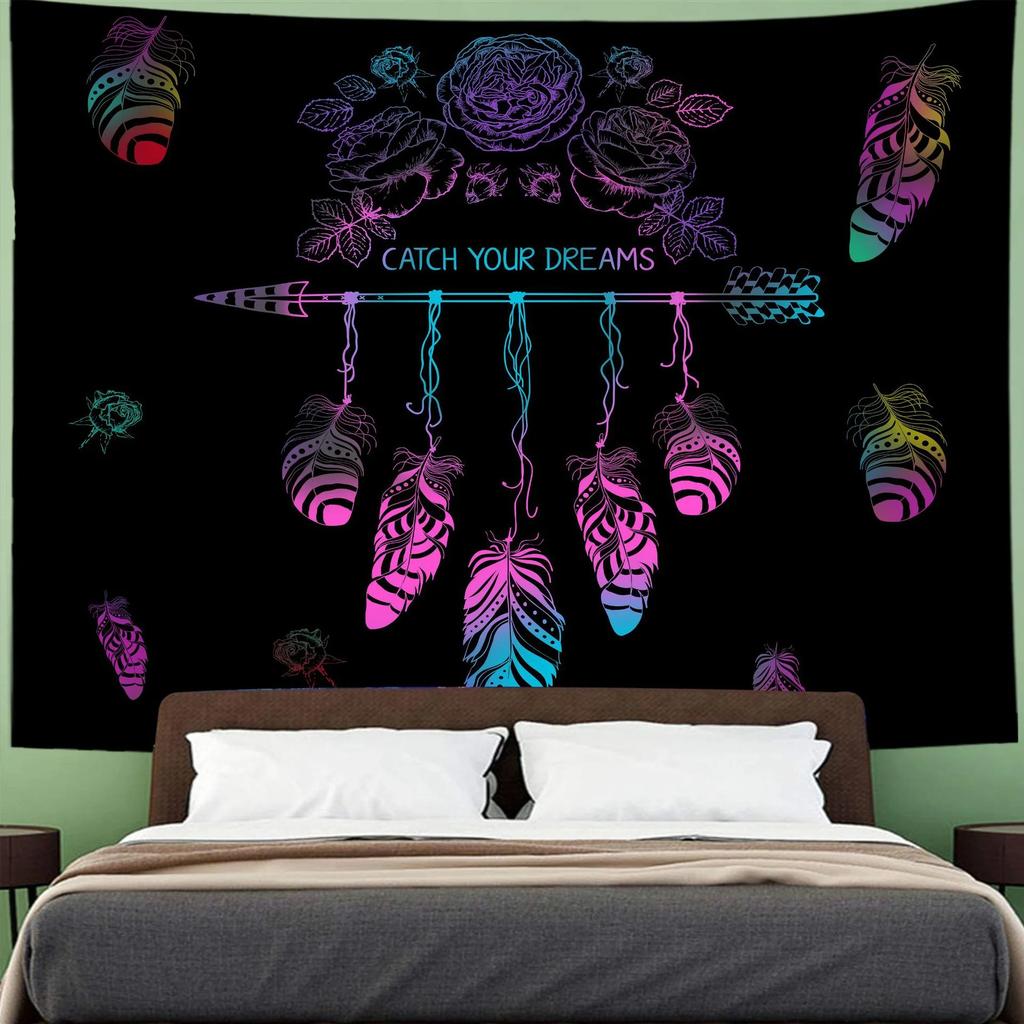 Psychedelic Dreamcatcher Feather Tapestry Hippie Bohemian Mandala Tapestry Wall Hanging Cloth For Living Room Dorm Office Decor