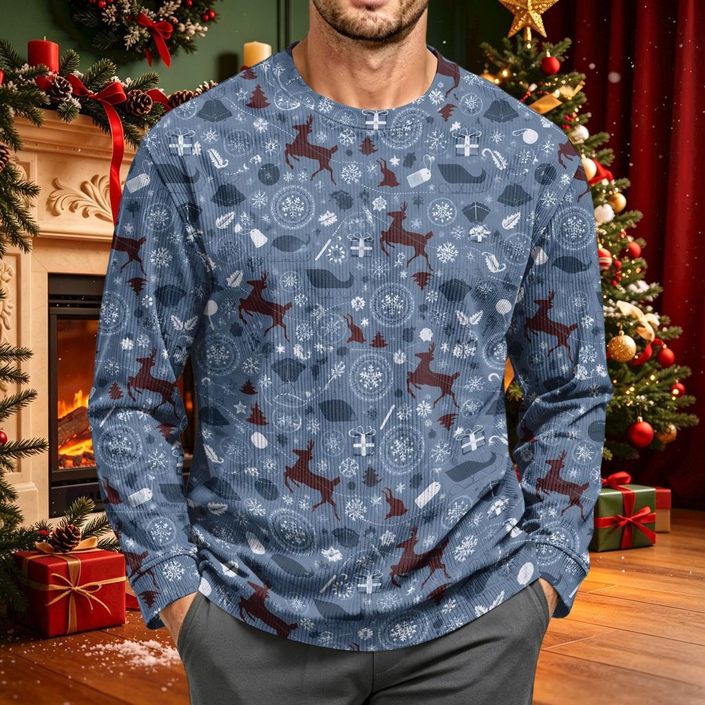 Men's Corduroy Long Sleeve Crewneck Top with Christmas Print for Holiday Casual Wear