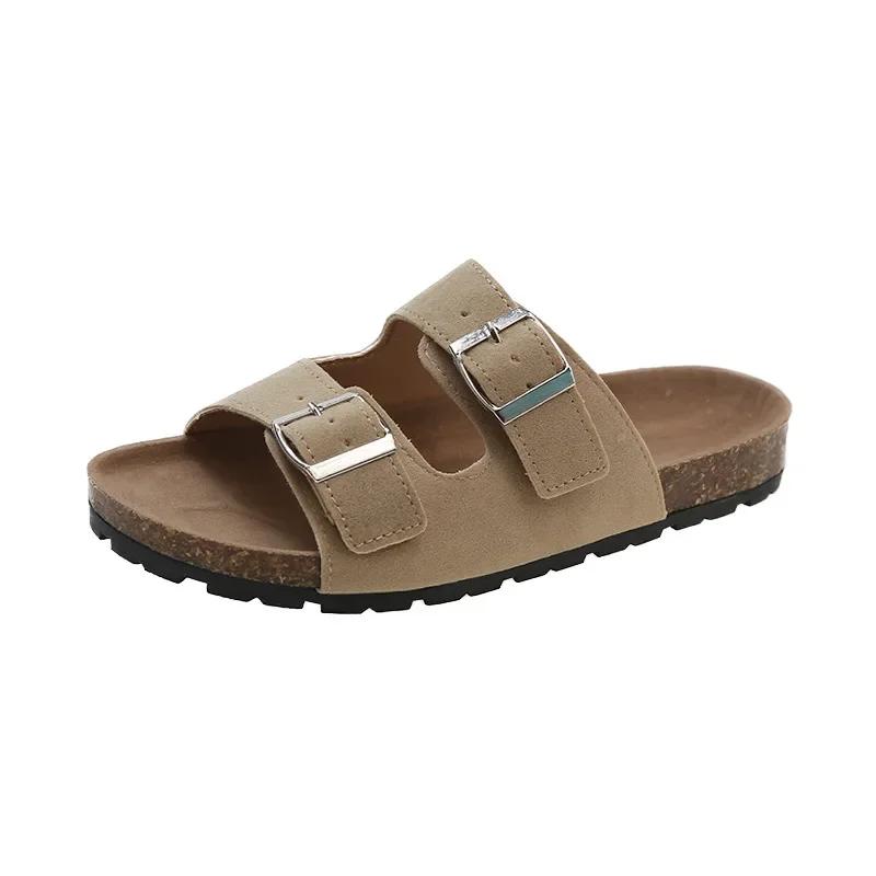 Whoholl Dámské klasické korkové pantofle Nové unisex semišové ploché sandály s podporou klenby Letní plážové nazouváky Nastavitelné boty s přezkou